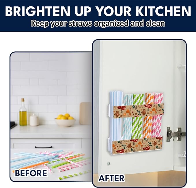 Acrylic Straw Holder for Cabinet Door or Countertop - Clear Organizer & Dispenser with 3 Sets of Decorative Stickers for Reusable Straws, Space-Saving Kitchen Storage, Pantry Organizer