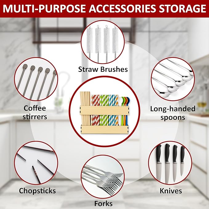 Wooden Straw Holder for Cabinet Door or Countertop Rustic Organizer & Dispenser for Reusable Tumbler Straws, Space-Saving Kitchen Accessories Container, Cupboard Storage (Wooden)