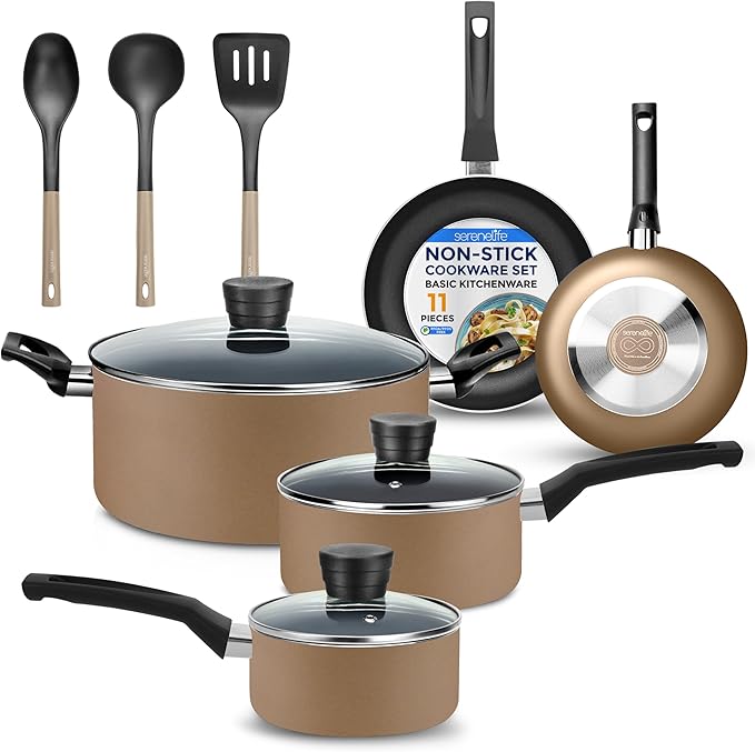 SereneLife Kitchenware Pots & Pans Basic Kitchen Cookware, Black Non-Stick Coating Inside, Heat Resistant Lacquer (11-Piece Set), One Size, Gold