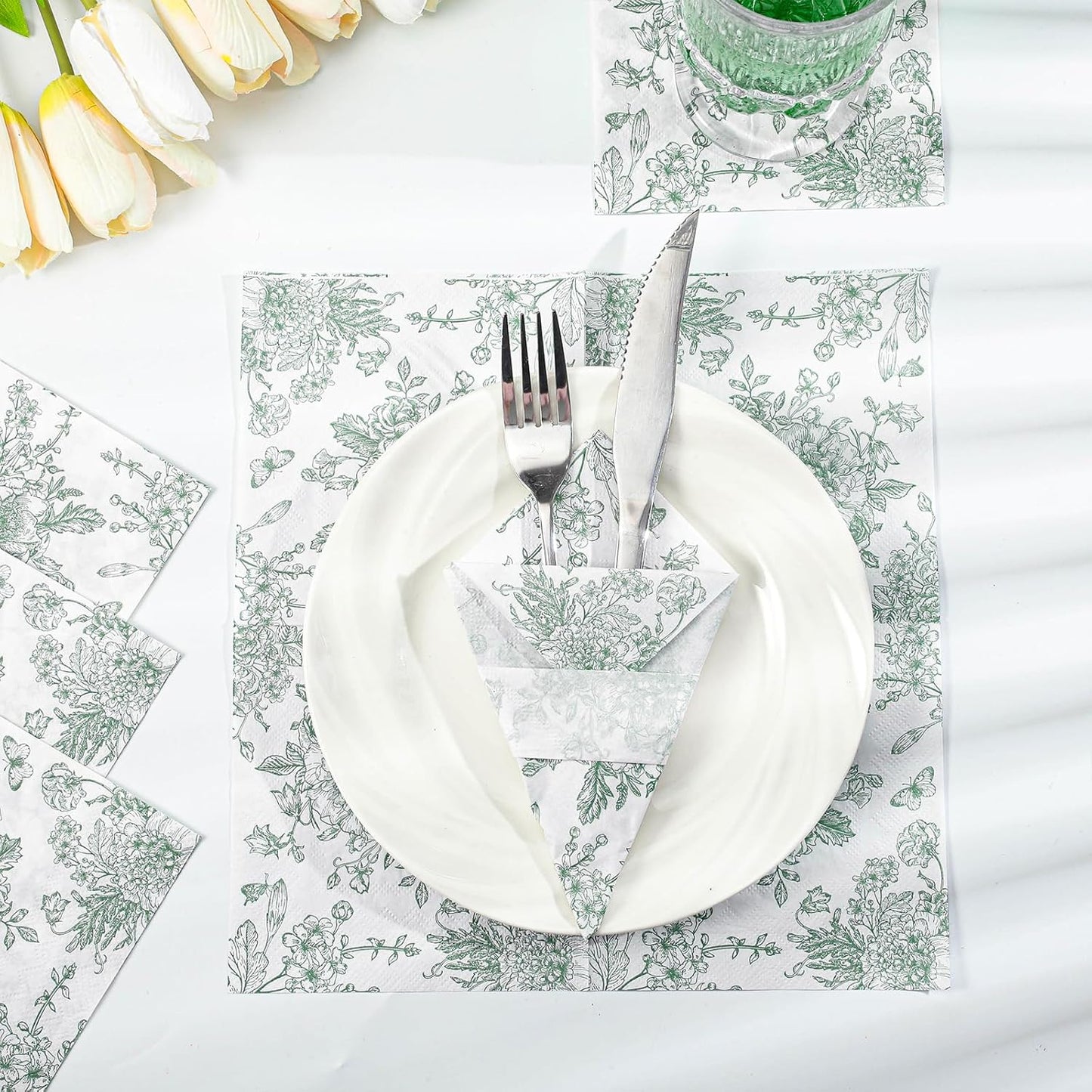 100 Pcs Sage Green Floral Napkins, Green and White Toile Napkins Vintage Flower Butterfly Design Chinoiserie Decorative Cute Napkin for Bridal Baby Shower, Wedding, Tea Party, 5 x 5 Inch