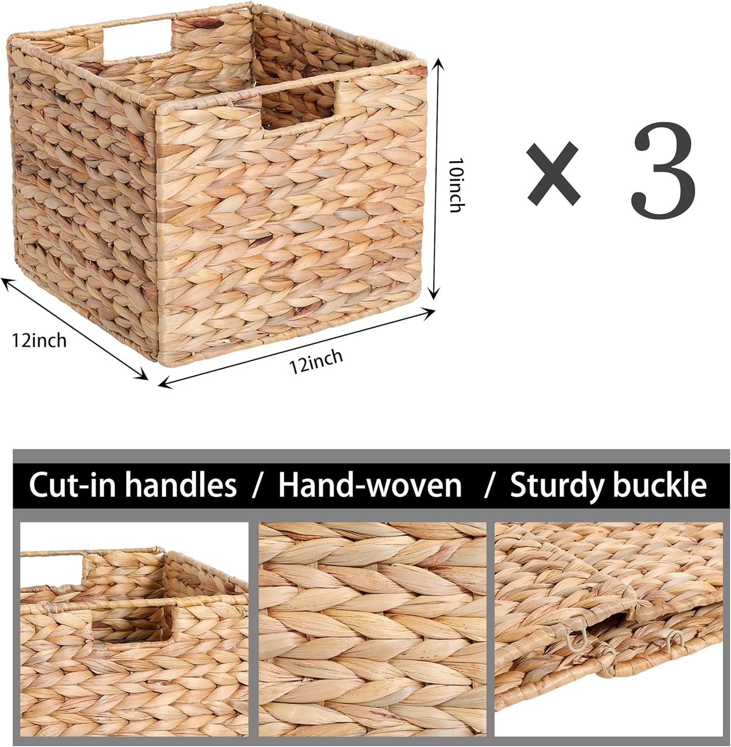 12x12x10 Water Hyacinth Storage Basket Large, Folding Cube Woven Wicker Storage Basket for Shelves, Pantry Baskets Organization and Storage, Kitchen Storage Baskets, Large Rattan Basket Set of 3