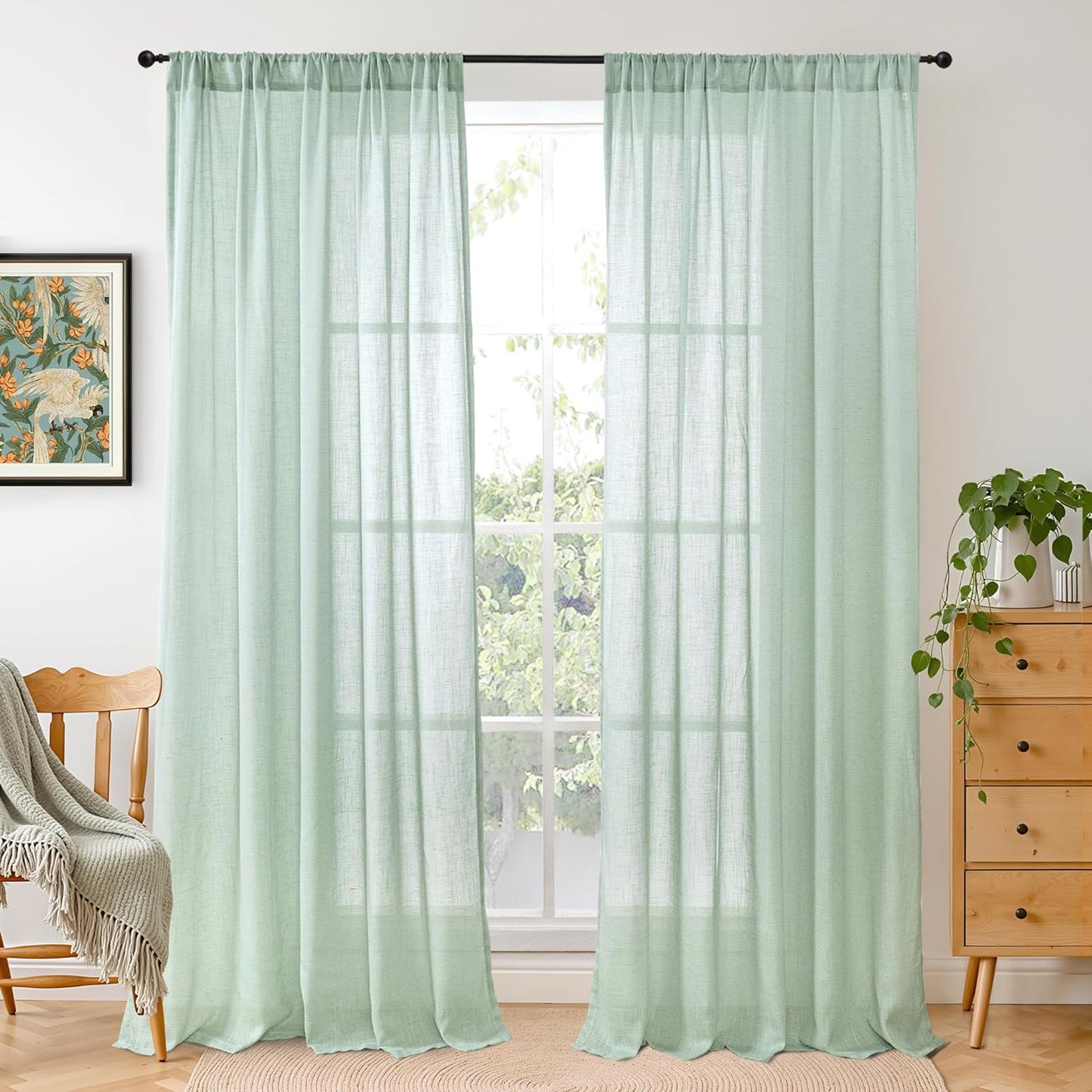 BGment Light Green Linen Semi Sheer Curtains 84 Inches Long for Living Room - Boho Sage Drapes Light Filtering Window Treatments with Rod Pocket for Dining Bedroom, 2 Panels Set, 52 X 84 Inch