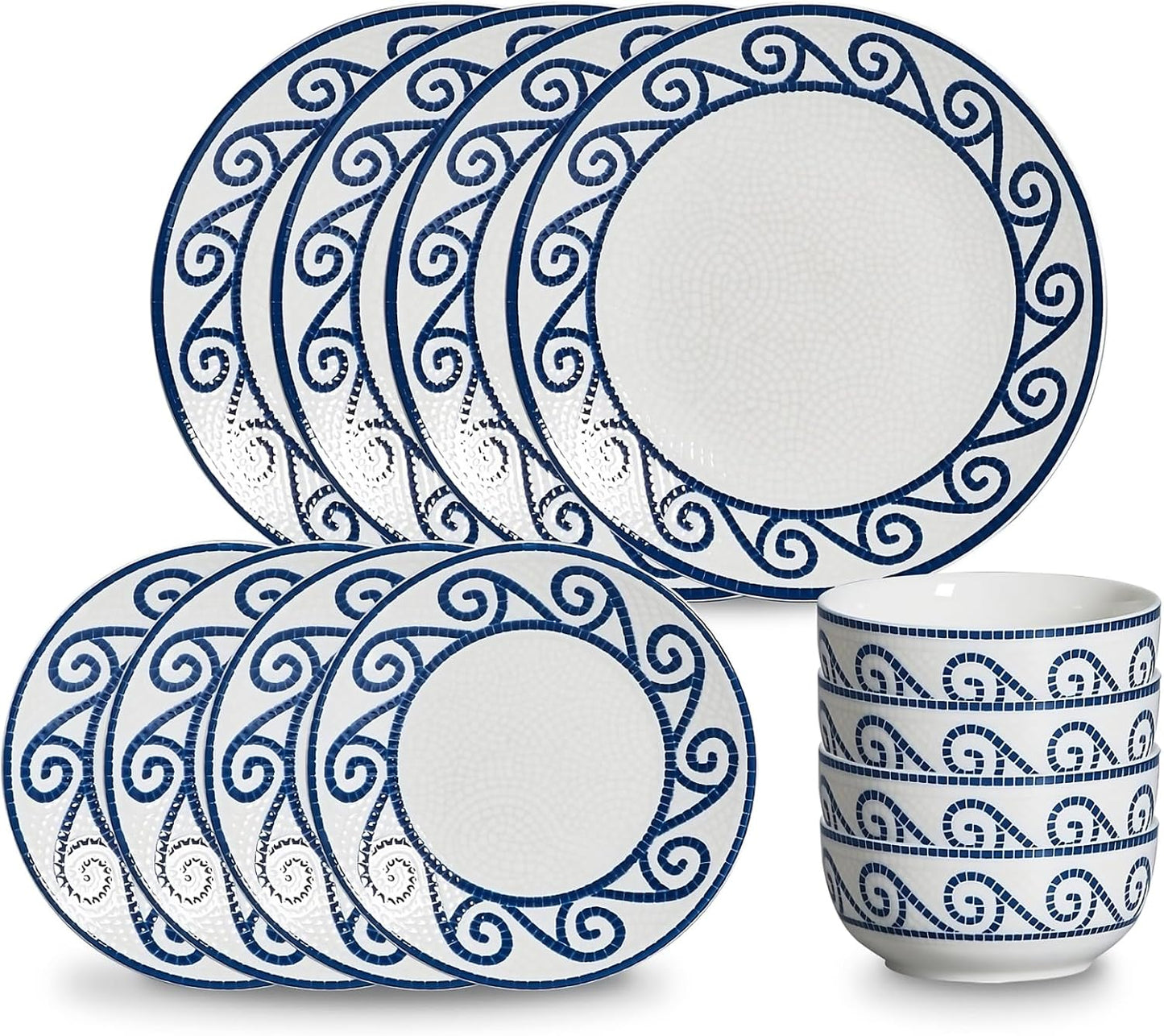 12-Piece Dinnerware Set for 4, Stoneware Kitchen Plates & Bowls Set, Coastal Dinnerware Sets, Microwave & Dishwasher Safe Scratch Resistant, Vintage Dishware Set for Everyday Use & Family Meals