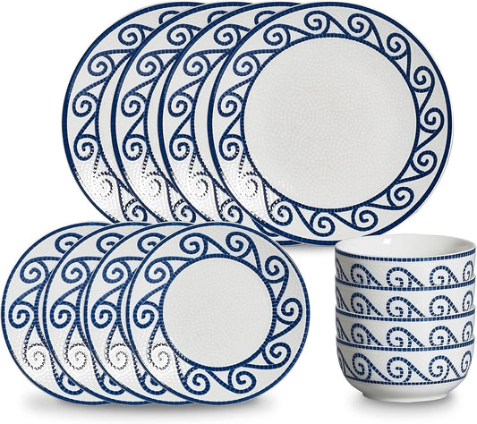 12-Piece Dinnerware Set for 4, Stoneware Kitchen Plates & Bowls Set, Coastal Dinnerware Sets, Microwave & Dishwasher Safe Scratch Resistant, Vintage Dishware Set for Everyday Use & Family Meals