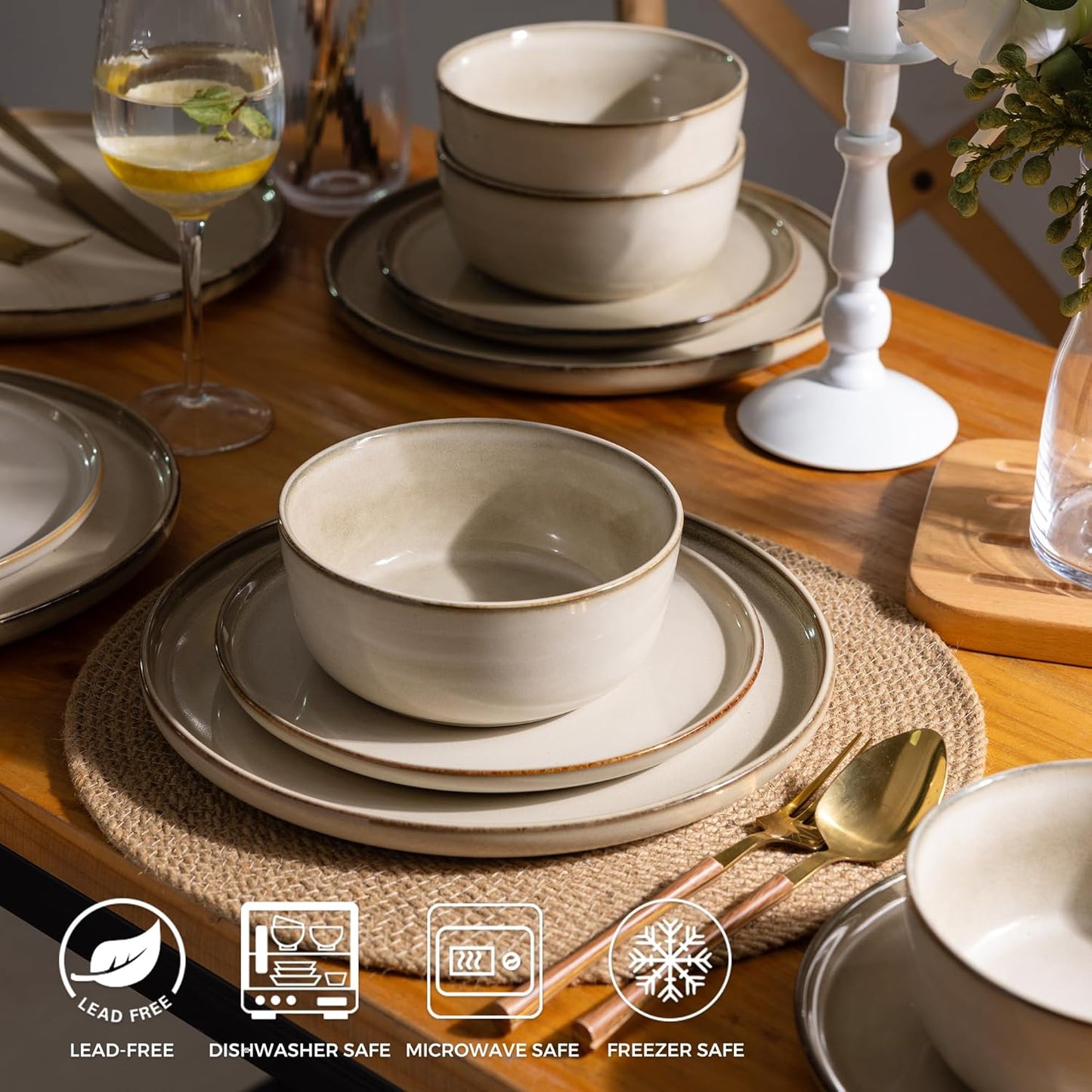 GBHOME 24 Pieces Double Bowls Ceramic Dinnerware Sets for 6, Stoneware Plates and Bowls Set with Reactive Glaze, Scratch Resistant Stoneware Dishes Set, Dishwasher & Microwave Safe