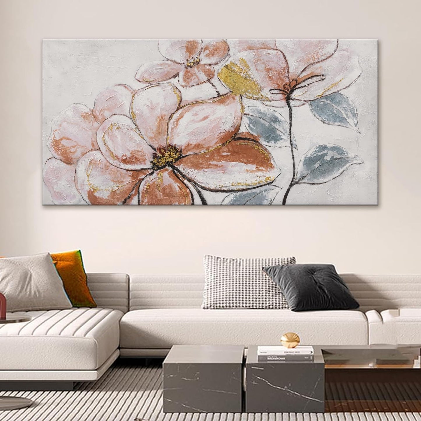 YISXINOAG Canvas Wall Art Living Room Home Wall Decor Modern Canvas Art Wall Decor 29x58 Inches Elegant Brown Pink Flower White Wall Art Picture For Bedroom Dining Room Office Artwork