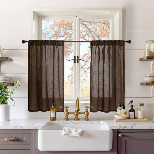 BGment Brown Linen Short Curtains 36 Inch Length for Window, Small Sheer Drapes for Kitchen Cafe Over Sink Bathroom Decor Lightweight Rustic Country Textured Rod Pocket, 2 Panels, Each 30 Inch Wide