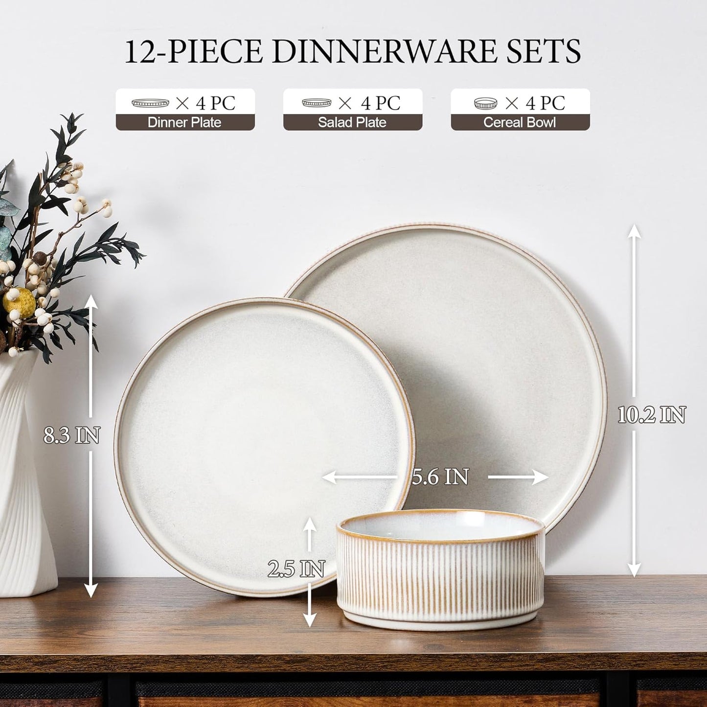 E-far 12-Piece Plates and Bowls Sets, Stoneware Dinnerware Dishes Sets for 4, Kitchen Modern Dining Dishware, Chip & Scratch Resistant, Microwave & Dishwasher Safe, Creamy Beige