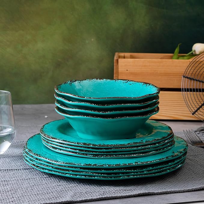 LEHAHA 12 Piece Vintage Melamine Dinnerware Sets Include 4 Dinner Plates, 4 Salad Plates and 4 Bowls Service for 4, Unbreakable Farmhouse Dishes and Bowls Suitable for Indoor and Outdoor Use Teal