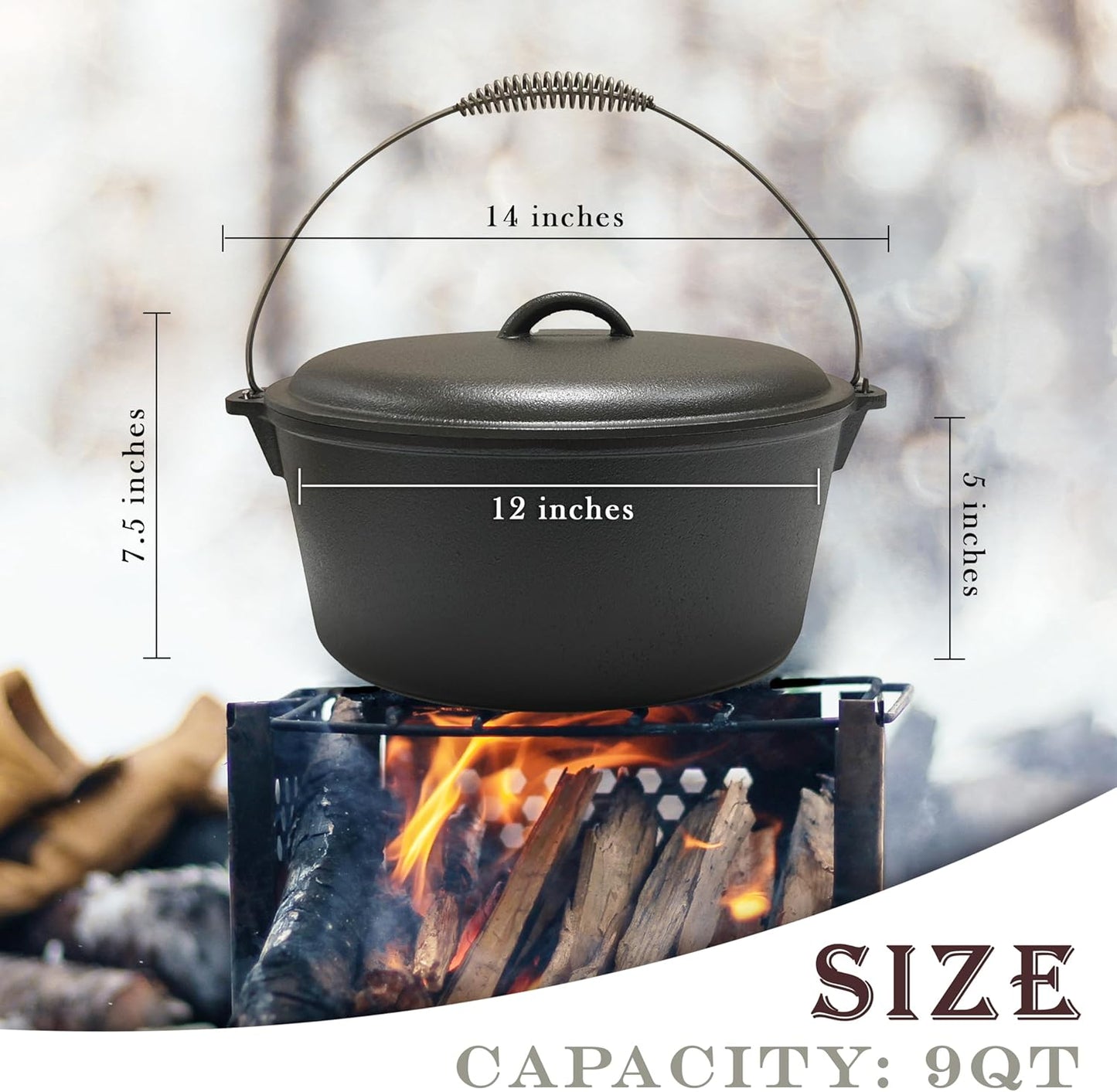 Cuisiland 9 Quart Cast Iron Dutch Oven with Dome Lid & Bail Handle – Pre-Seasoned Campfire Pot for Outdoor Cooking, Baking, Braising & Stews – Heavy-Duty, Even-Heat Casserole Pot for Camping & Home Use