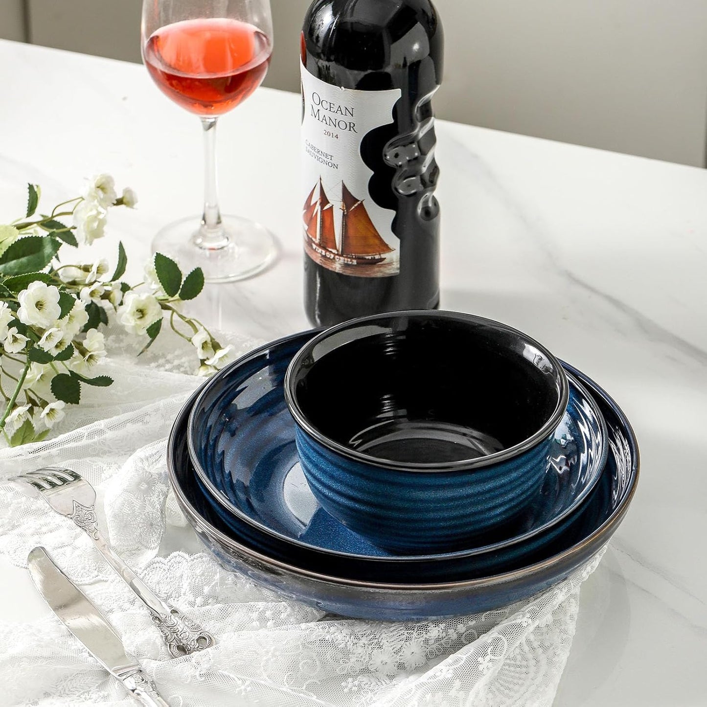 Hasense Large Pasta Bowls, 9.7 Inch Ceramic Salad Bowls for Kitchen, 49 oz Serving Dishes for Salad, Soup, Fruit, Pasta, Blue Shallow Dinner Plates Set of 2, Dishwasher Microwave Safe