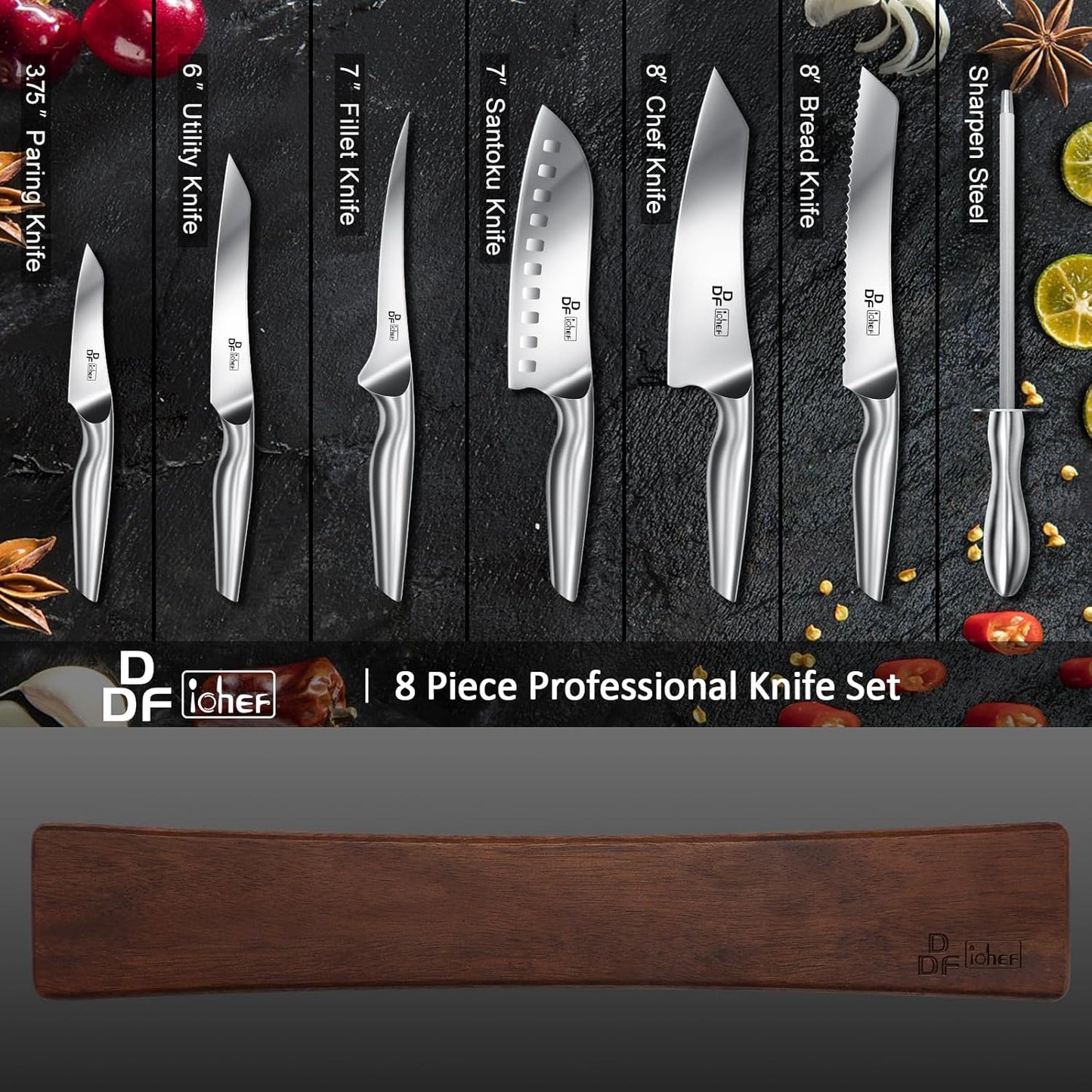 DDF iohEF Knife Set with Knife Strip, 8 Piece Professional Kitchen Knife Set, Japanese High Carbon Stainless Steel Chef Knives Set with Magnetic Knife Holder for Wall