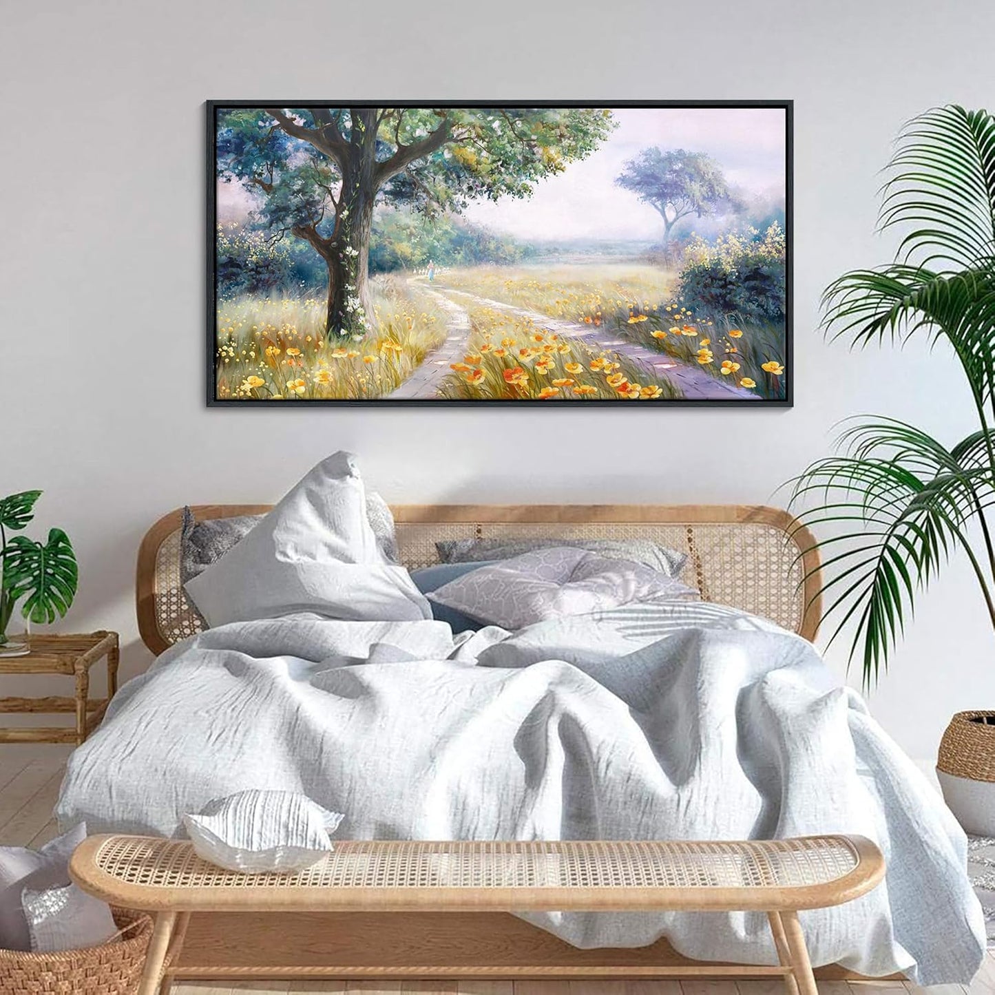CHATYOUNG Framed Wall Art Vintage, Country Road Yellow Flowers Misty Landscape Painting Poster Prints Wildflowers Wall Pictures for Living Room Bedroom Bathroom Farmhouse Wall Decor 20"X40"