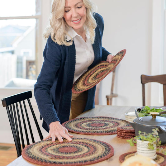 Highland Jute Woven Round Placemats Set of 6, 15", Warm Lodge and Country Decor, Multicolor Table Mats - Vibrant Colors, Durable, Easy to Clean and Protects Furniture