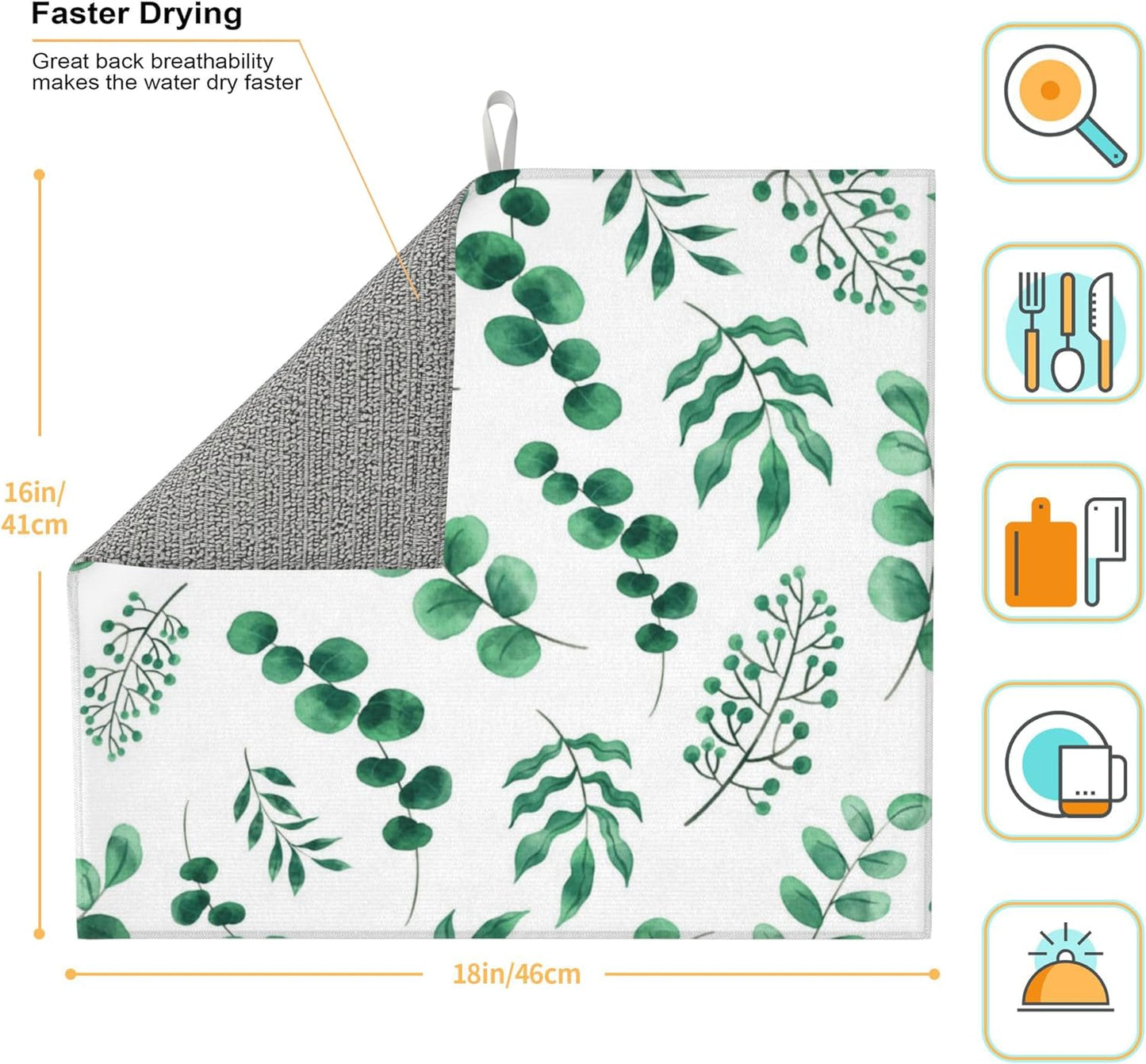 Watercolor Plant Green Leaves Dish Drying Mat for Kitchen Counter, 16"x18" Microfiber Absorbent Fast Dry Mat, 2Pcs Dish Mat Faucet Mats Sets, Large Drying Kitchen Mat Kitchen Drying Pad