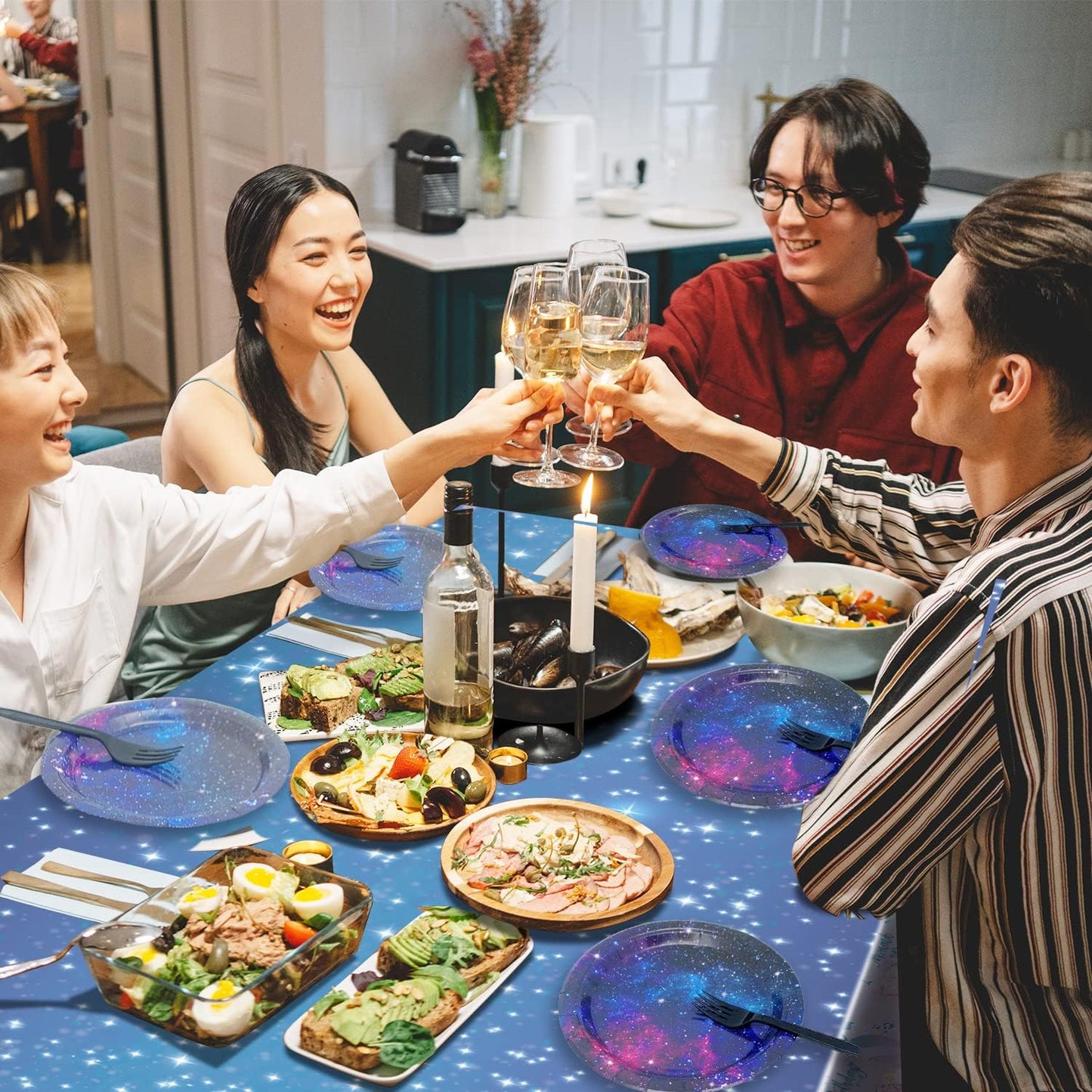 Space Galaxy Party Supplies Tableware Set Outer Space Theme Birthday Party Decoration Starry Night Solar System Planet Plates Napkins Forks Cups for 24 Guests