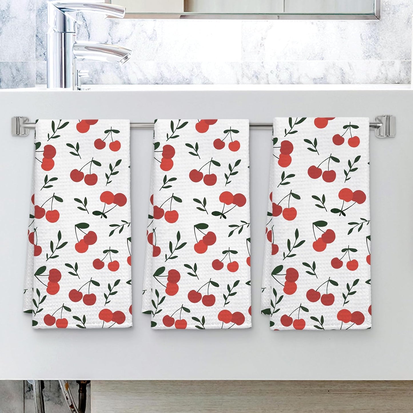 Cherry Decor Kitchen Towels Set of 3, Cherry Hand Towels Dish Towels for Kitchen Bathroom Decor, Fruit Lover Gifts, 16x24 Inches