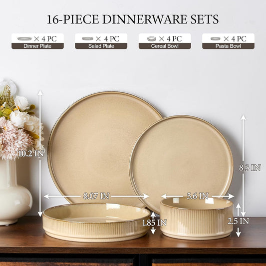 E-far 16 Piece Dinnerware Sets, Plates and Bowls with Pasta Bowls Service for 4, Modern Stoneware Ribbed Dishes for Kitchen Dining, Microwave & Dishwasher Safe, Caramel Khaki