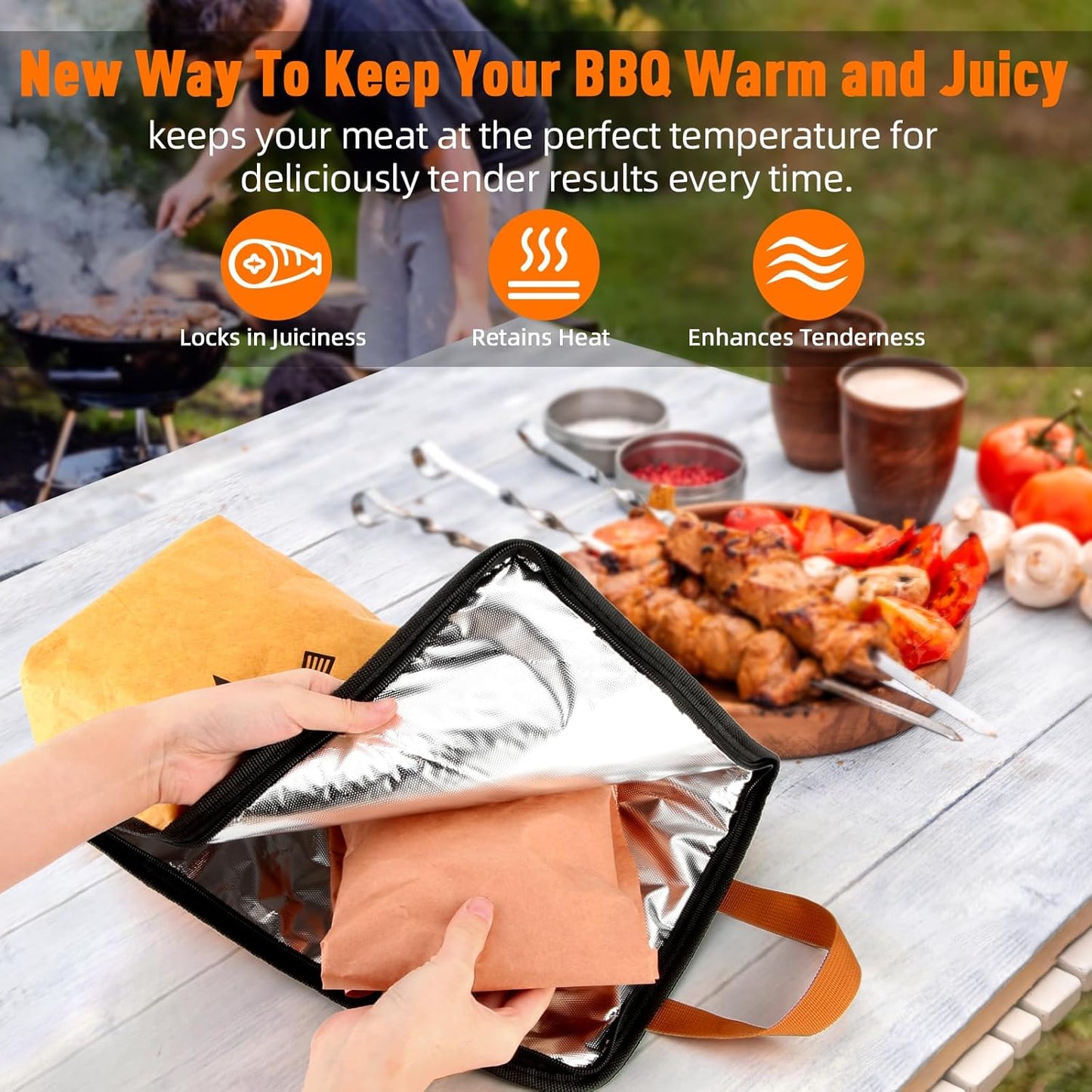 BBQ Blanket for Resting Meat, Reusable Smoker Grilling Meat Insulated Resting Bag with Wide Mouth for Large Brisket/Beef/Pork Shoulders/Turkeys (BBQ Blanket 15in)