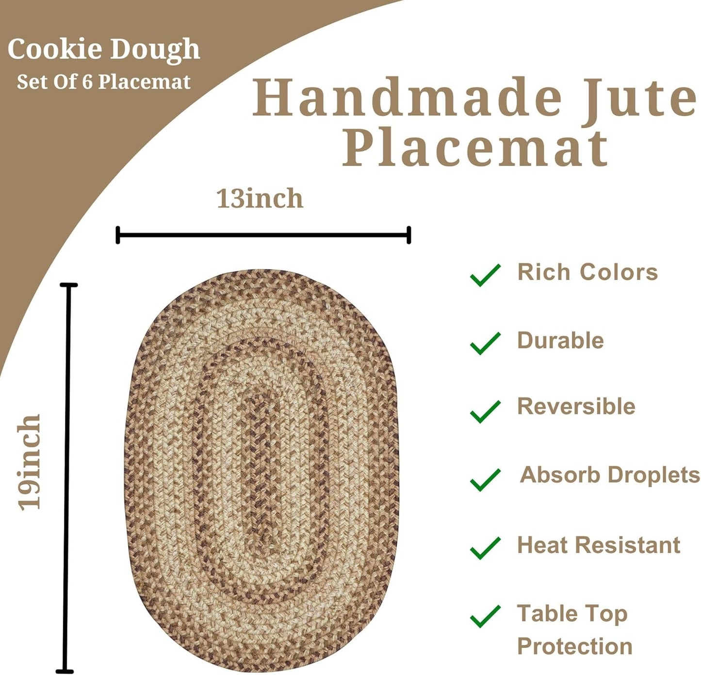 Homespice Cookie Dough Jute Braided Oval Placemats, Warm Farmhouse Decor, Set of 6, 13x19 Brown Table Mats - Vibrant Colors, Durable, Easy to Clean and Protects Furniture