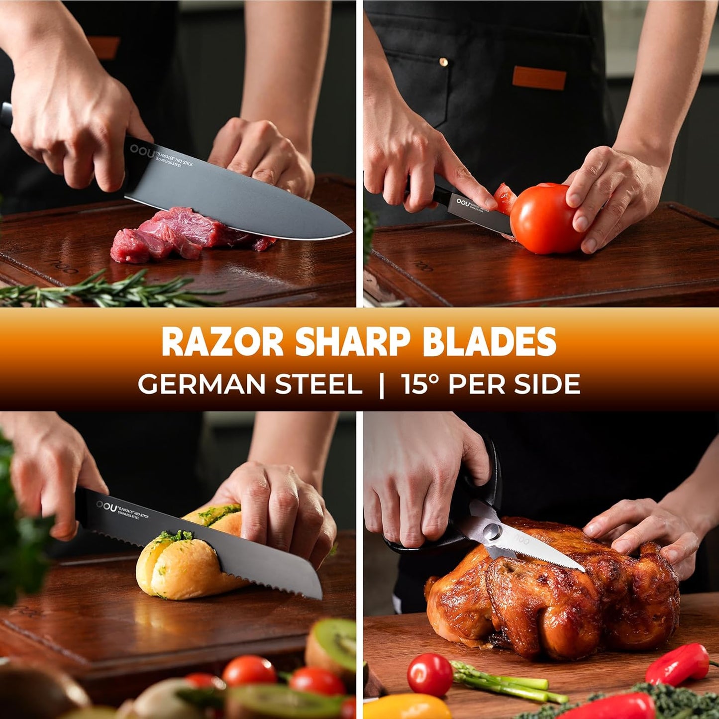 OOU Kitchen Knife Block Set - 15 Pieces High Carbon Stainless Steel Chef Knife Sets, Anti-Rust Black Knives Set with Built-in Sharpener Block, Black