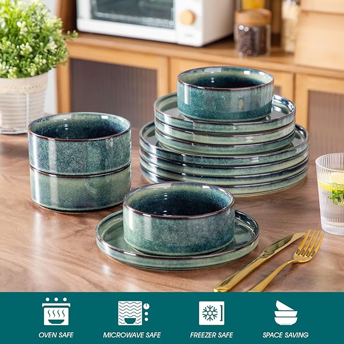 vancasso Starry Plates and Bowls Sets,12 Pieces Green Dinnerware Sets for Kitchen,Modern Stoneware Dishes Set for 4,Dishwasher and Microwave Safe
