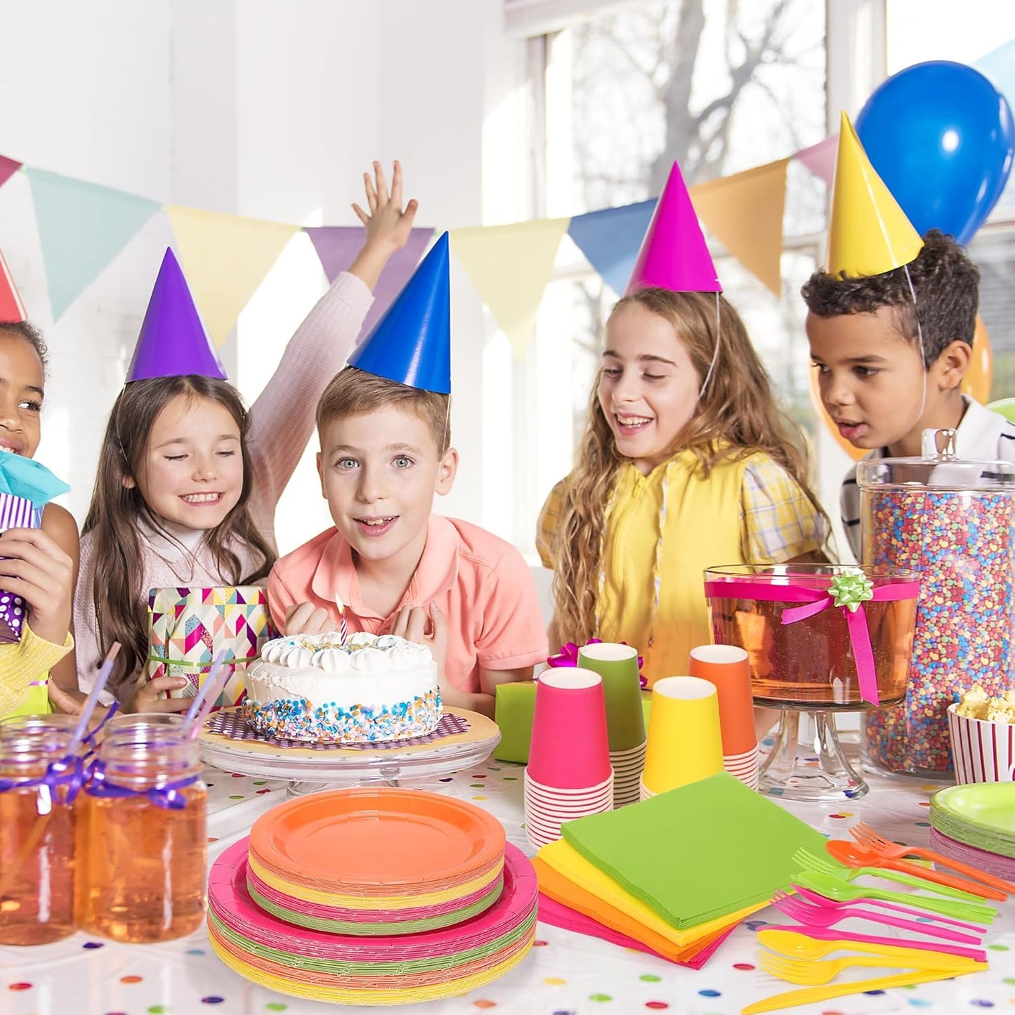 durony 350 Pieces Neon Party Supplies Paper Plates Serve 50 Guests 7 Inch 9 Inch Dinner Plates Napkins Paper Cups Cutlery Bright Color Disposable Glow Party Tableware for Fiesta Neon Birthday