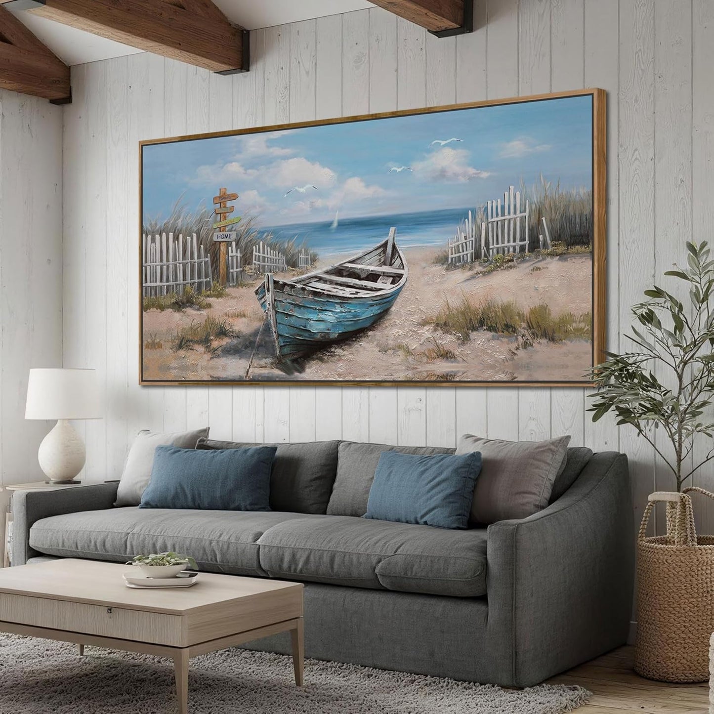 Ardemy Framed Canvas Wall Art Extra Large Boat Bedroom Pictures Wall Decor Living Room, Beach Seascape Paintings Wall Decor Textured Artwork for Kitchen Dining Room Home Office, 48"x24"