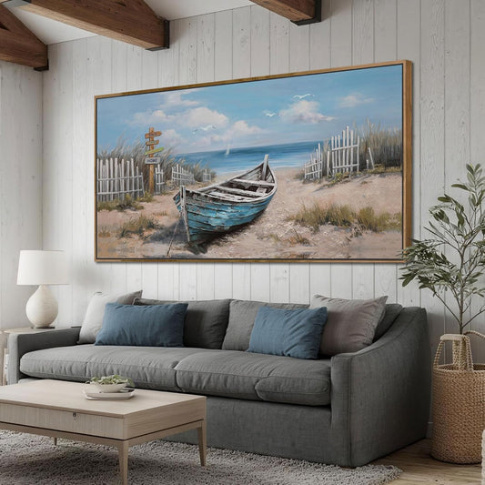 Ardemy Framed Canvas Wall Art Extra Large Boat Bedroom Pictures Wall Decor Living Room, Beach Seascape Paintings Wall Decor Textured Artwork for Kitchen Dining Room Home Office, 48"x24"