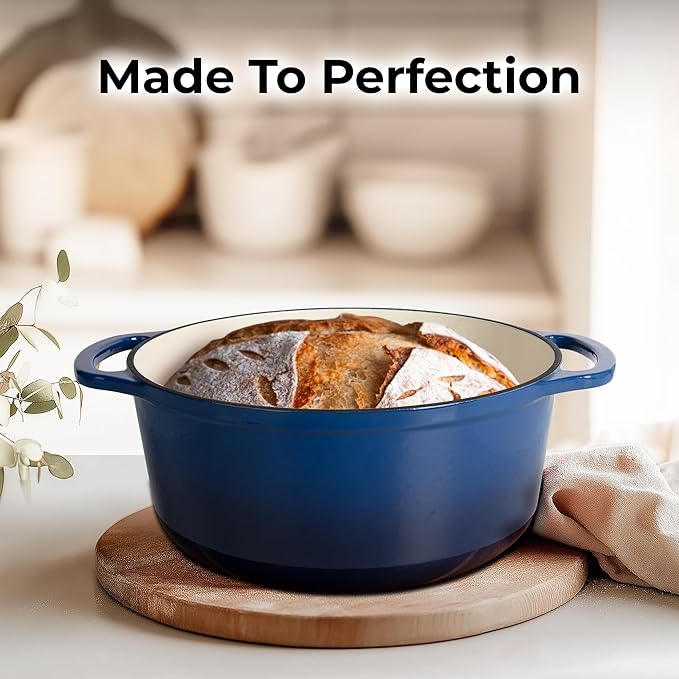 Zulay Kitchen 5 Quart Enameled Cast Iron Dutch Oven Pot with Lid – Premium Durability & Oven Safe up to 500°F – Heavy Duty Cookware Perfect for Bread Baking, Stews, Braising & Roasting – Blue