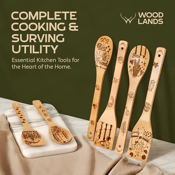 Wooden Spoons for Cooking - 6-Piece Wooden Utensil Set with Spatulas & Spoons, Heat-Resistant, Eco-Friendly Kitchen Utensils for Non-Stick Cookware (Best Friend)