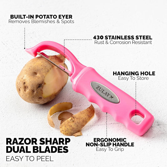 Zulay Kitchen Premium Vegetable Peeler for Kitchen - Swivel Peeler with Razor Sharp Stainless Steel Blades & Strong Ergonomic Handle - Dishwasher Safe, Easy To Use with Blemish Remover - Pink