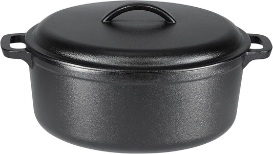 Amazon Basics Round Pre-Seasoned Cast Iron Dutch Oven Pot with Lid and Dual Handles, Heavy-Duty & Large, 7-Quart, Black