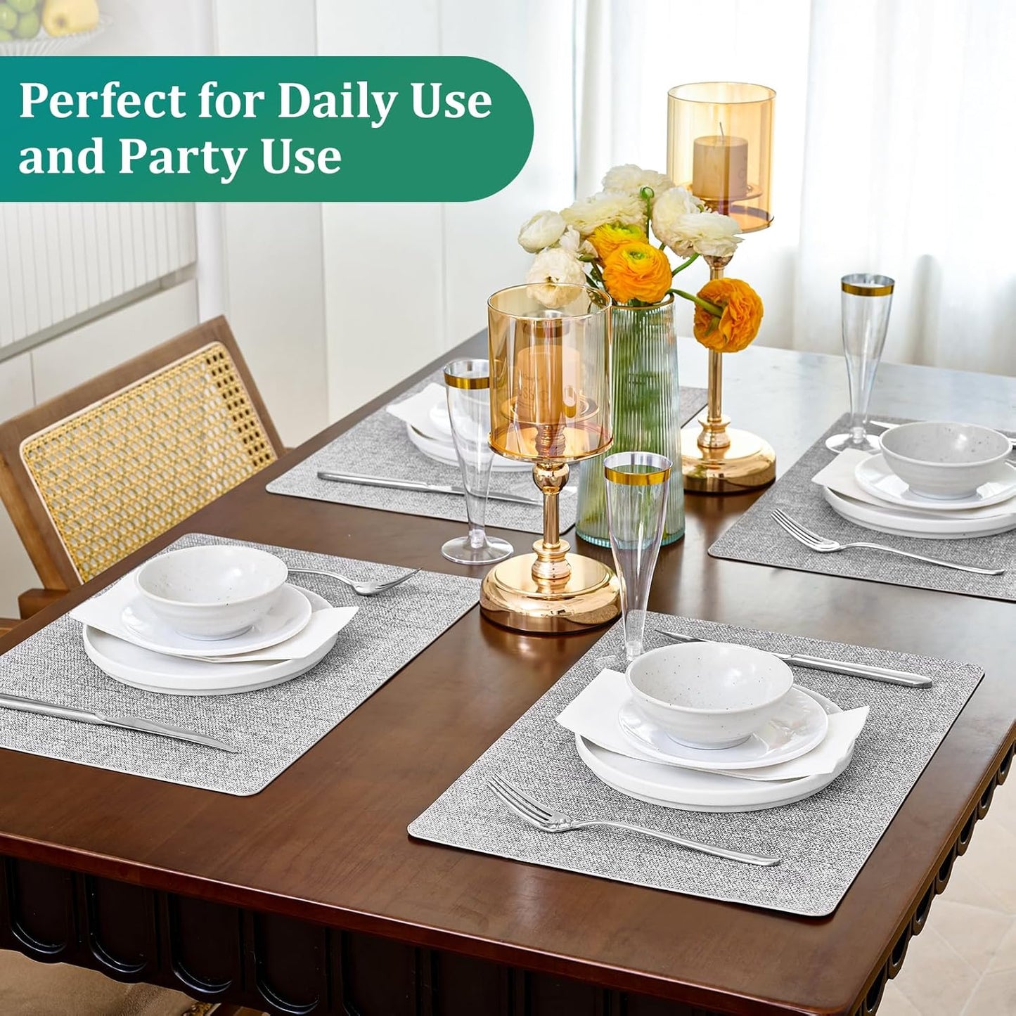 FOCUSLINE Faux Leather Placemats Set of 6, Light Grey Table Place Mats, Waterproof and Non-Slip Dining Table Mats for Indoor & Outdoor Use