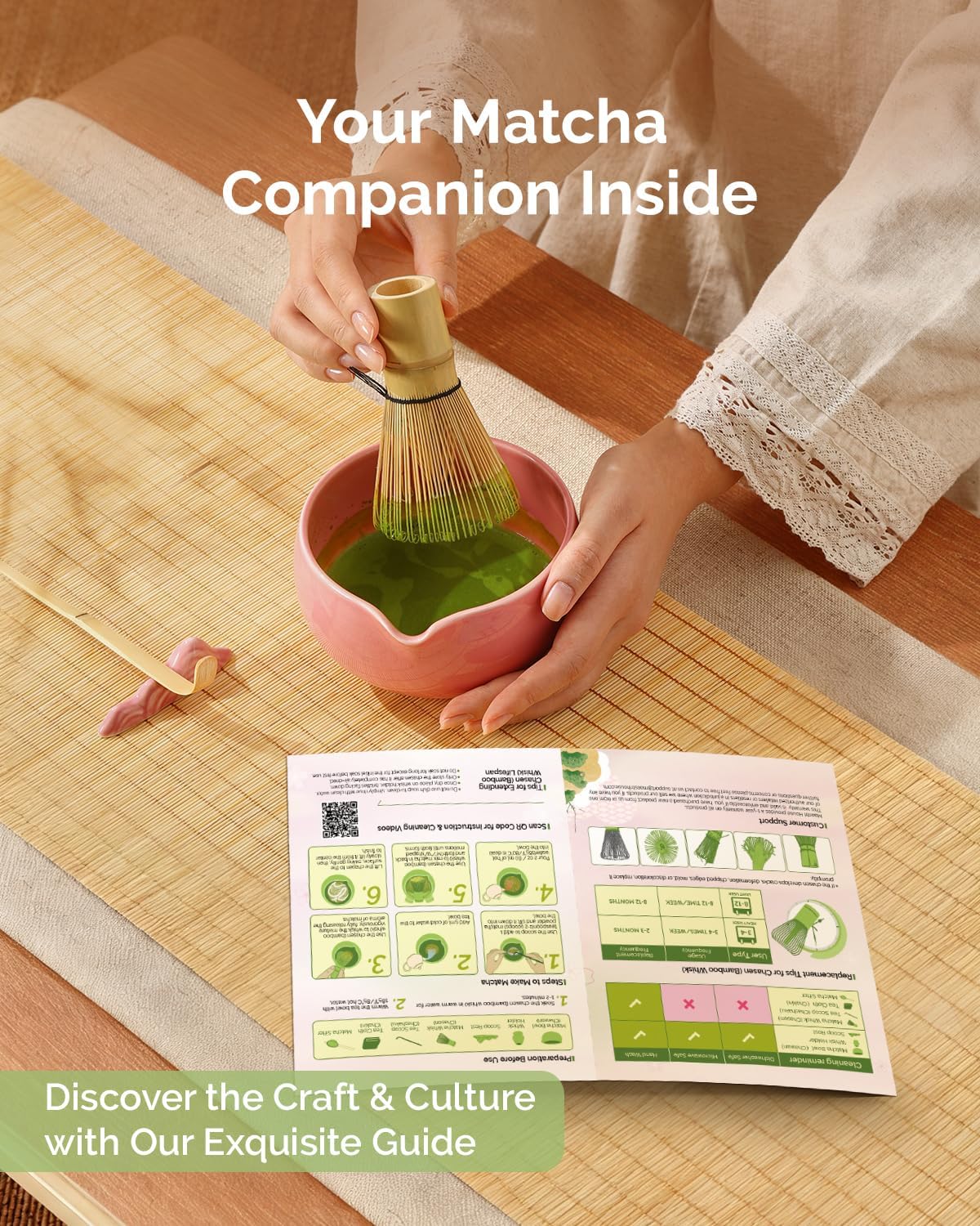 Maestri House 7 Pcs Matcha Whisk Set, Ceramic Tea Kit with Spouted Bowl, Whisk & Holder, Bamboo Scoop, Scoop Rest, Sifter & Cloth – Complete Japanese Tea Gift Set for Beginners & Tea Lovers (Pink)