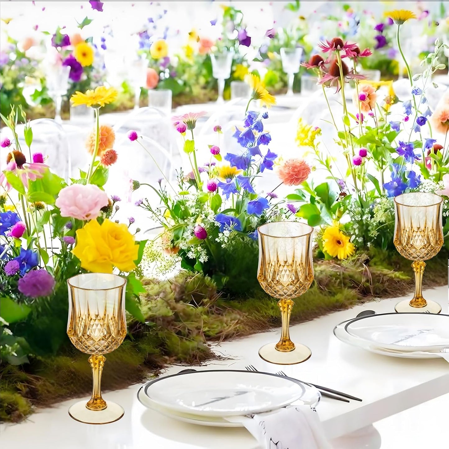 7OZ Plastic Wine Glasses, 48Pcs Amber Reusable Drinking Cups Vintage Champagne Flutes, Plastic Crystal Water Goblets for Parties Stemmed Shatterproof Drinking Glasses for Wedding, Toasting Party