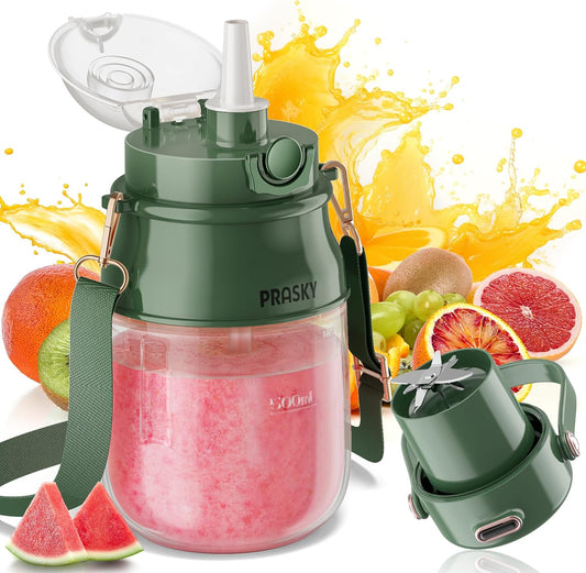Portable Blender, Prasky Personal Blenders for Shakes and Smoothies with 27oz Cup, Lid and Shoulder Strap, Type-C USB Rechargeable, Personal Size Blenders BPA-free for Gym/Travel/Kitchen (green)