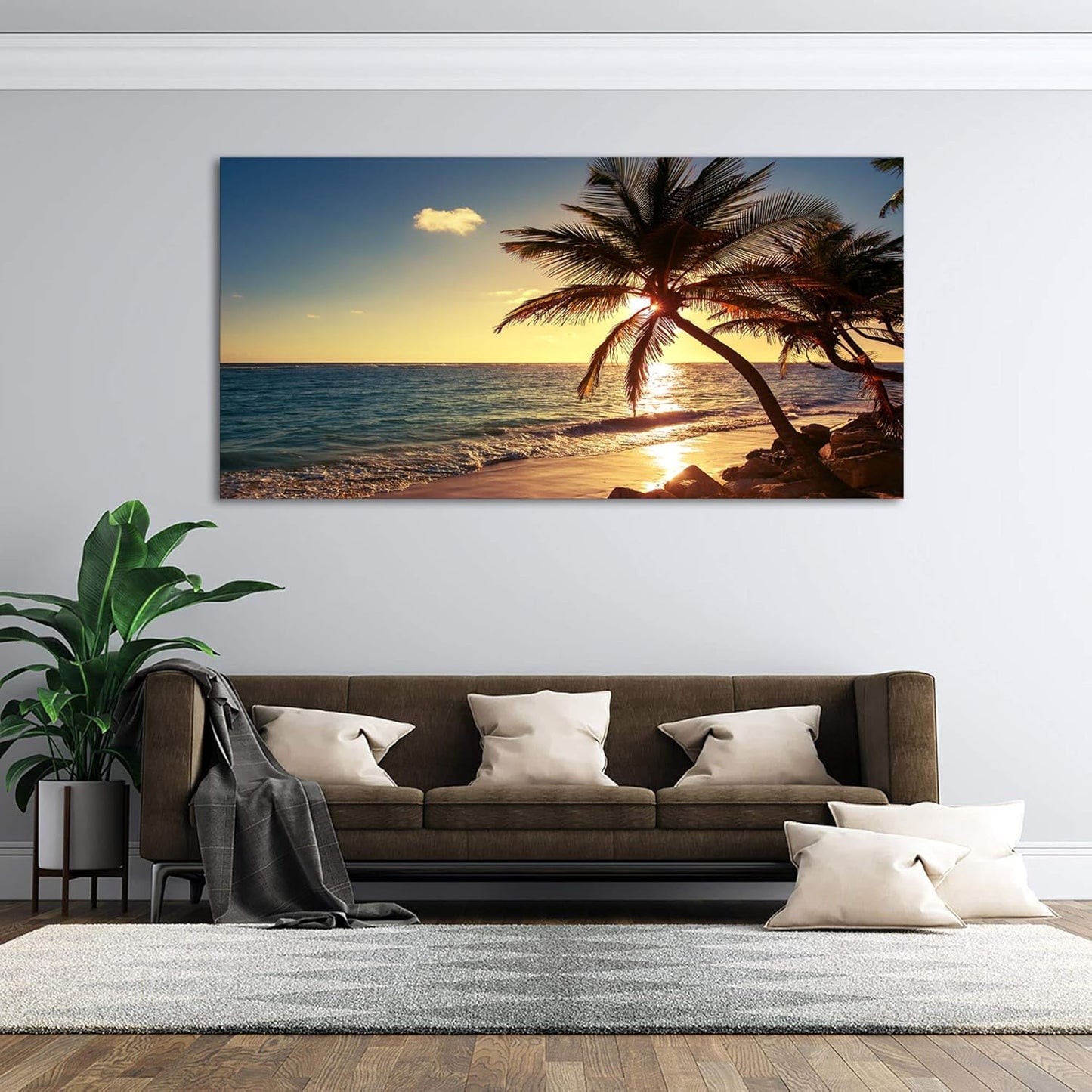 Muolunna S04975 Wall Art Decor Large Canvas Print Picture Sunset Ocean Beach Waves 1 Panel Coconut tree Scenery Painting Artwork for Office Home Decoration Stretched and Framed Ready to Hang XLarge