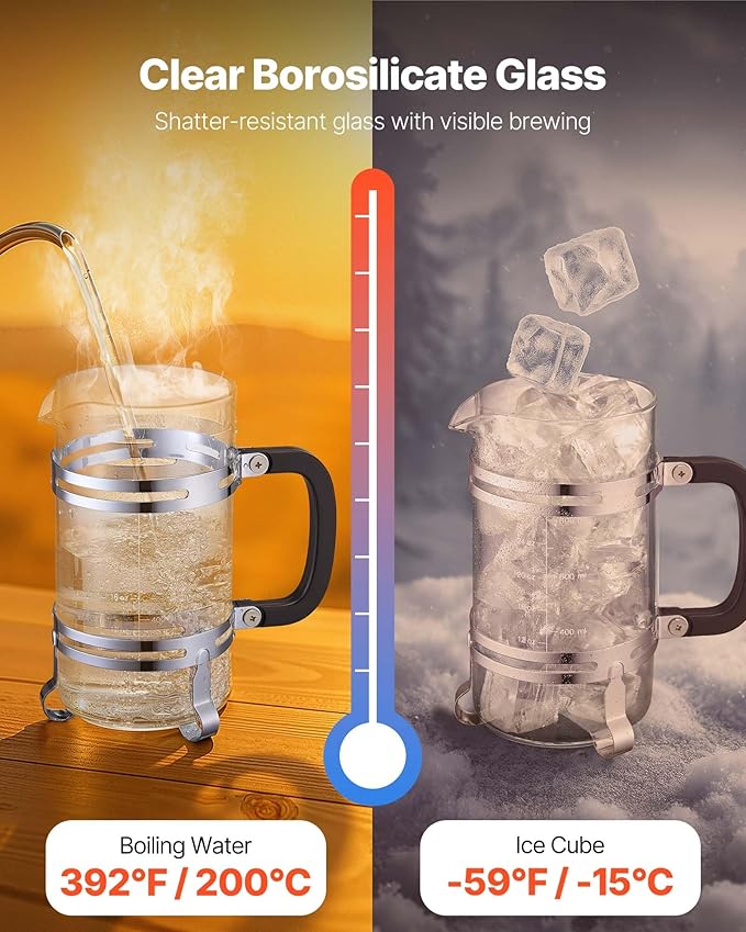 VEVOR French Press Coffee Maker, 34 Ounce 1 Liter Borosilicate Glass Coffee Press Tea Maker with Stainless Steel Filter, Large Glass French Presses Cold Brew for Camping Travel Home Kitchen, Silver