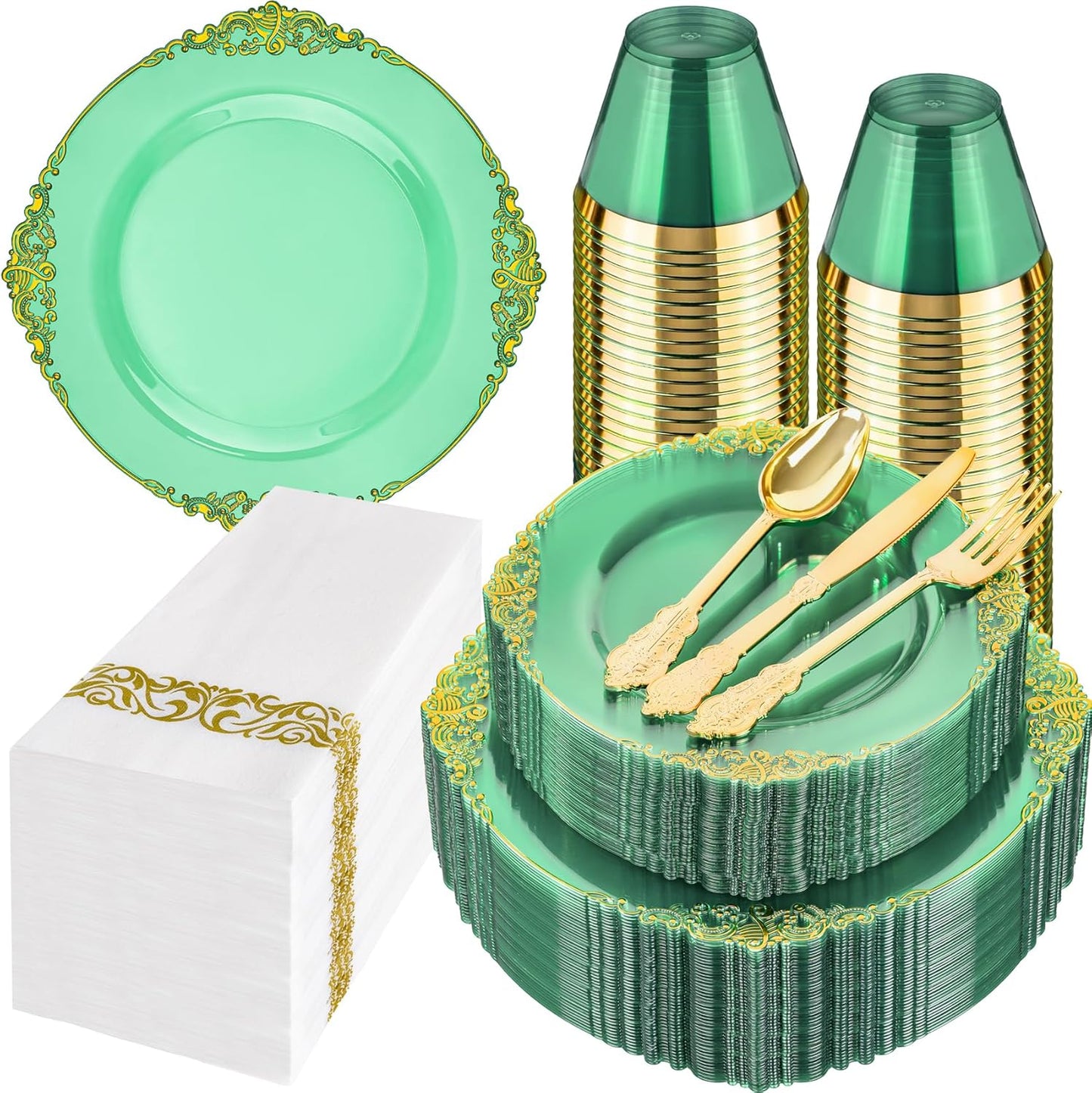 Hioasis 350pcs Clear Green Plastic Plates - Elegant Disposable Dinnerware Set Suitable for 50 Guests Include 10.25" Dinner & 7.5" Dessert Plates, Cutlery, Napkins, Cups for Party & Wedding