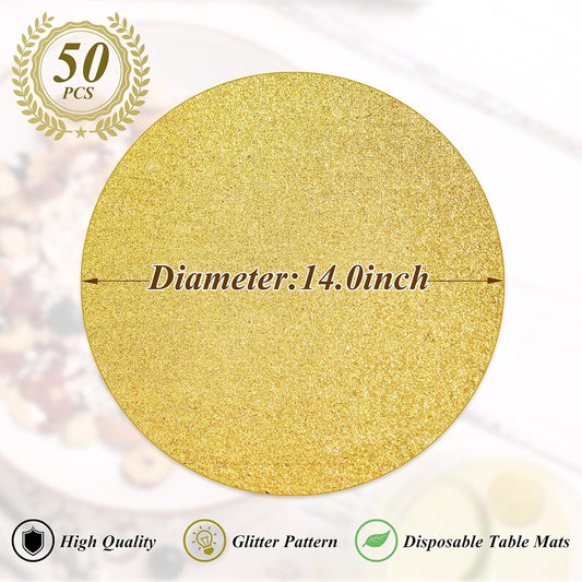 50 Pieces Gold Glitter Paper Place Mats Sparkle 14'' Round Disposable Table Mats Golden Sequin Doilies Decorative Placemats for Wedding Banquet Party Home Dining Tableware