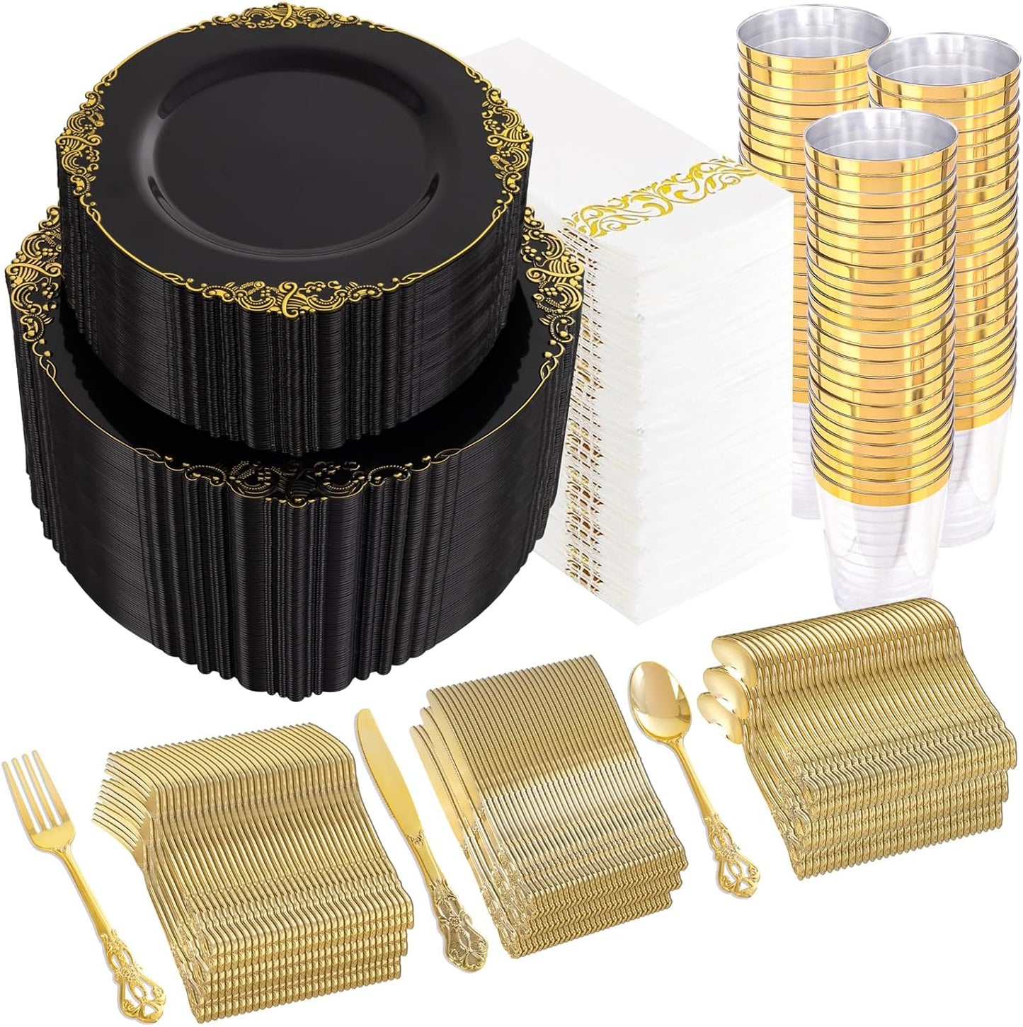 YOUBET 700PCS Black Plastic Plates - Black and Gold Plates - Gold Plastic Dinnerware Set Include 200 Disposable Plate, 300 Heavy Duty Silverware, 100 Cups, 100 Napkins for Wedding & Party & Halloween