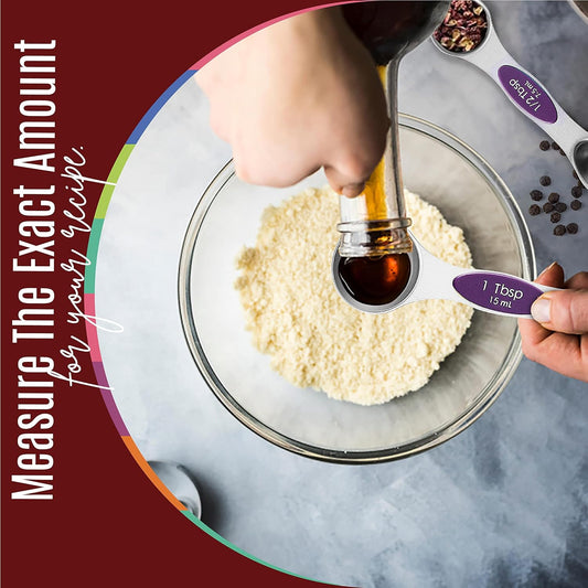 Magnetic Measuring Spoons Set of 9 Stainless Steel Dual-Sided Stackable Measuring Spoon Nesting Teaspoons Measuring Dry and Liquid Ingredients, Fits in Spice Jars Set of 9 (Purple)