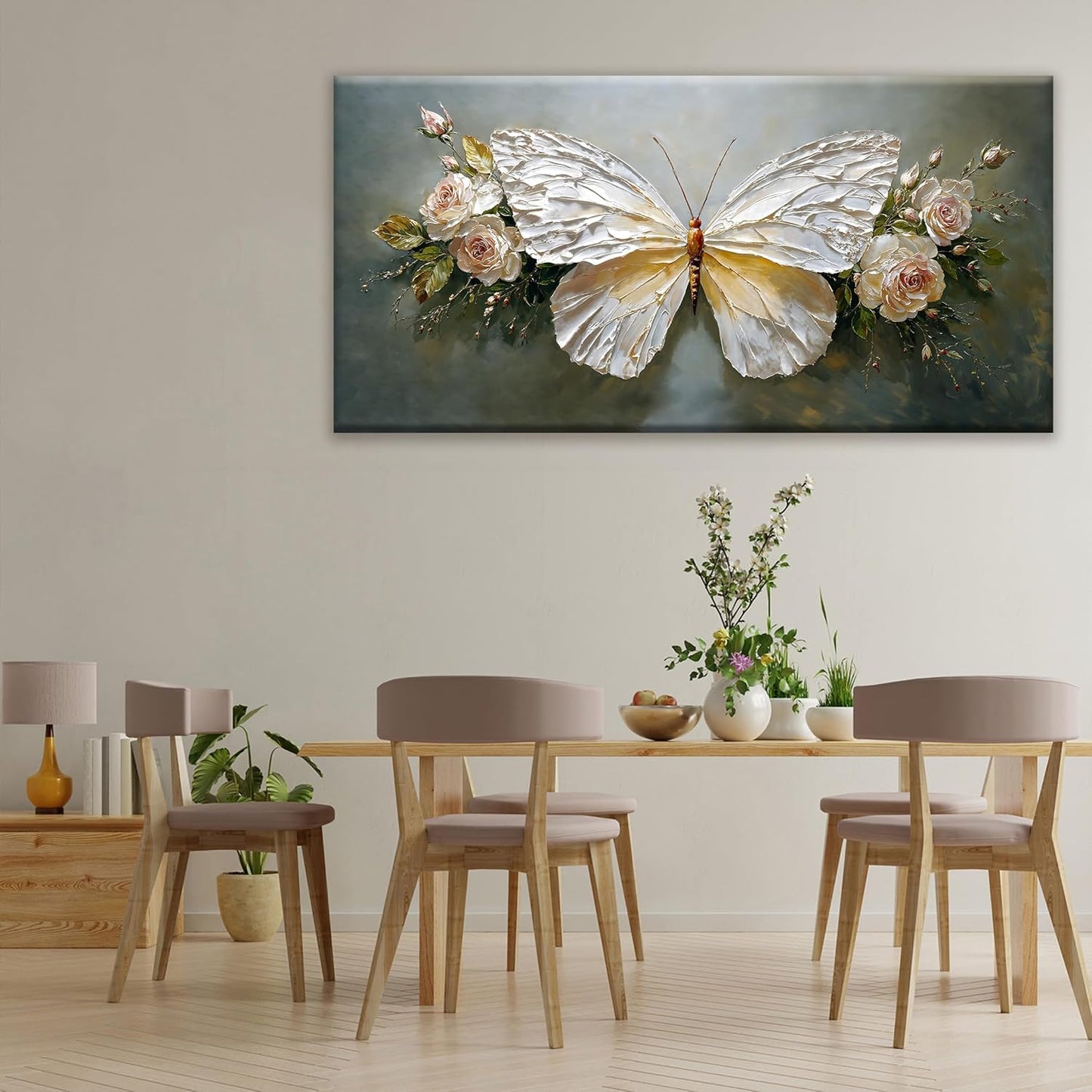 Modern Abstract Wall Art White Simple Butterfly And Rose Wall Art Decor Canvas Art Wall Decor For Bedroom Living Room Kitchen Bathroom Office 24x48 Inch Home Wall Decor