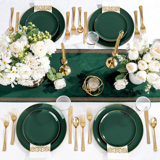YOUBET 175PCS Green Plastic Plates - Green and Gold Disposable Plates Include 50 Plate, 75 Silverware, 25 Cups, 25 Napkins for Wedding & Party & Christmas