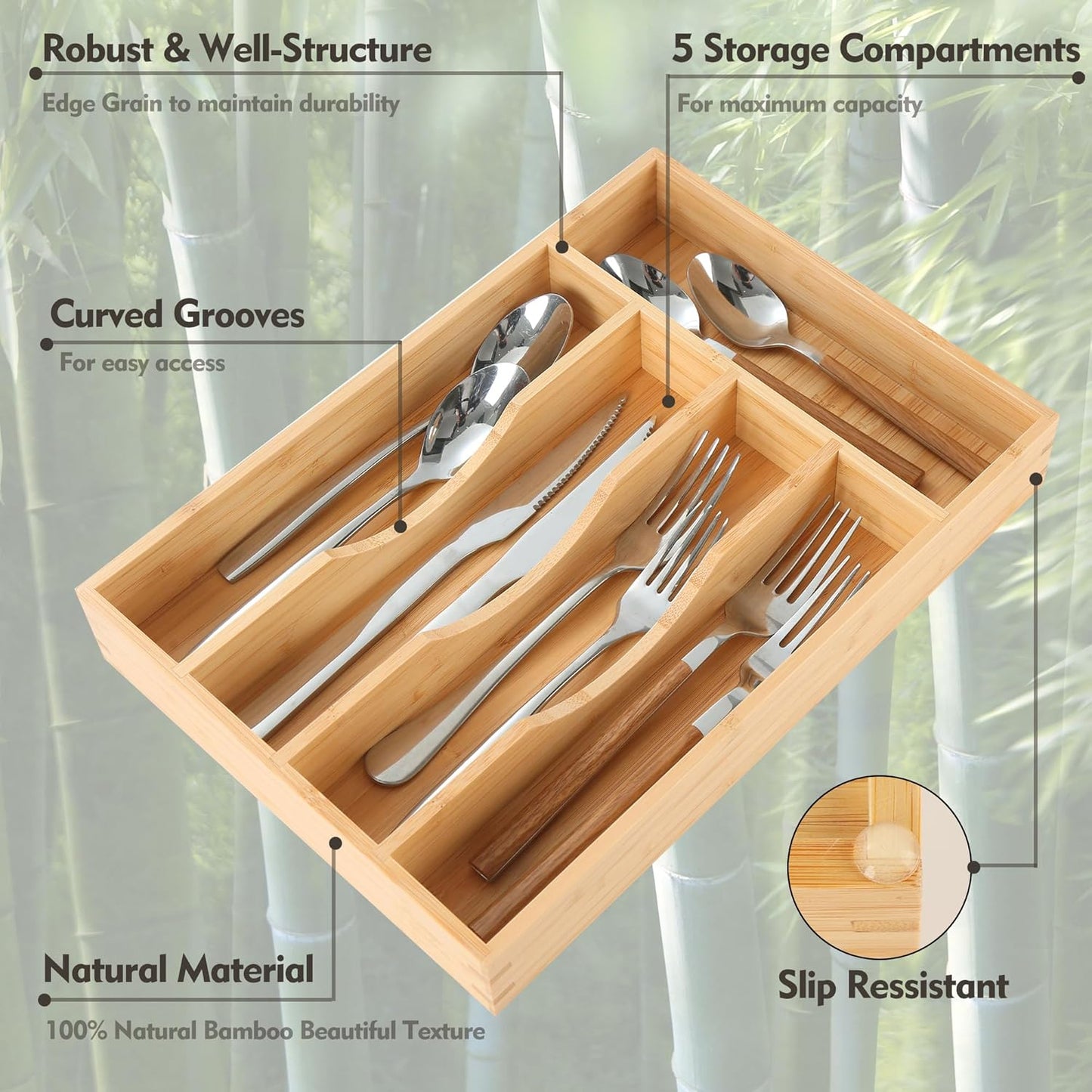 Bamboo Kitchen Drawer Organizer, 9 Inch Silverware Utensil Holder for Samll Drawer, Narrow Silverware Organizer for Cutlery Knives