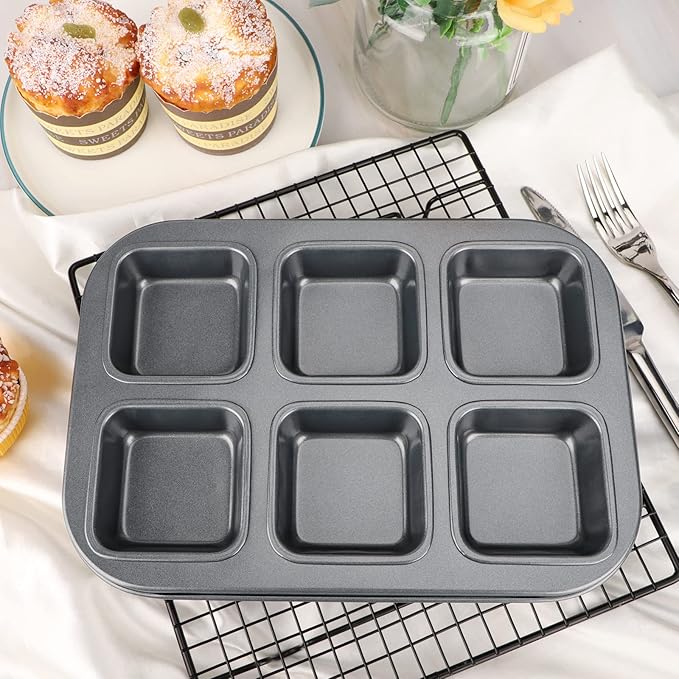 Beasea Square Brownie Pan, Nonstick 6 Cavity Muffin Pan Brownie Cake Pan Mini Cheesecake Cupcake Bakeware Carbon Steel Brownie Baking Tray Bakeware for Oven Baking