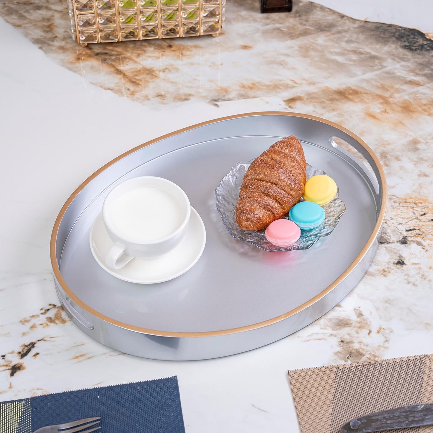 PEMAR 15.7" x 11.8" Oval Lacquer Serving Tray, Handmade Polished Coffee Table Tray w Insert Handles, Luxury Decorative Platters for Dining, Party, Dinner, Breakfast in Bed (Silver)