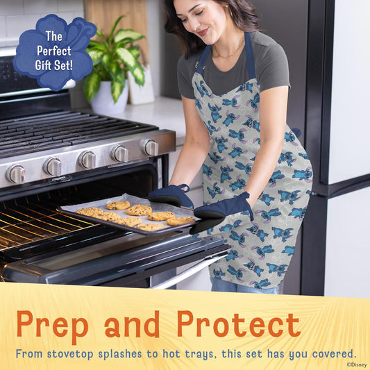 Disney Apron & Oven Mitts Set – 3 Piece Bundle with 1 Cotton Kitchen Apron for Cooking & 2 Heat Resistant Pot Holders