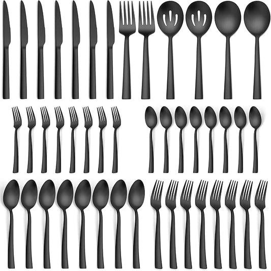 Herogo 46-Piece Matte Black Silverware Set with Serving Utensils, Stainless Steel Square Flatware, Modern Tableware Cutlery Set with Serving Pieces for Catering Banquet, Dishwasher Safe, Satin Finish